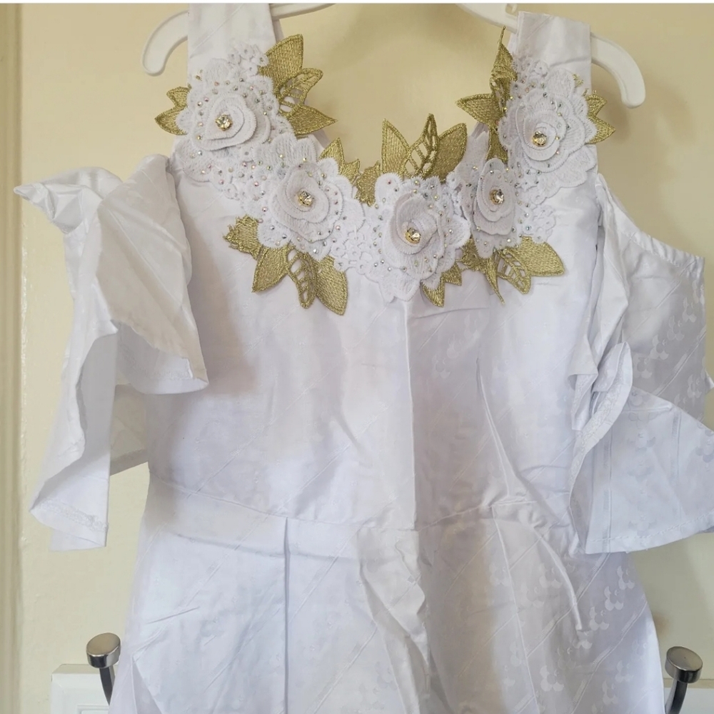 White Bazin Embellished African Long Girl Dashiki Maxi Dress Eid Outfit